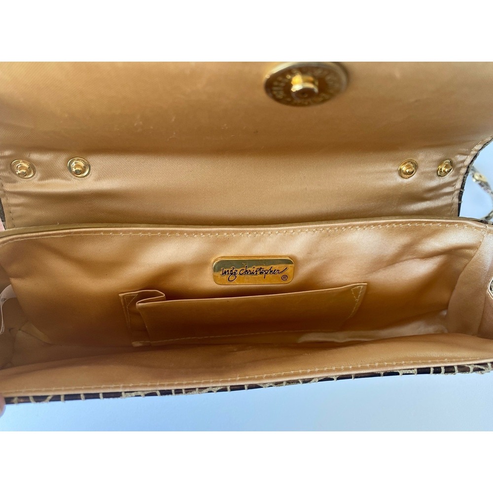 VTG Inge Christopher Vintage Evening Bag Beaded Gold Metallic Croc Clutch Strap - Picture 4 of 12